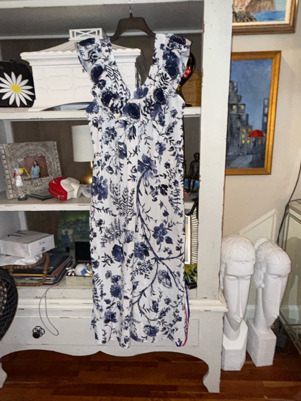 Mi golondrina Mexica Large L Olivia blue white floral midi dress